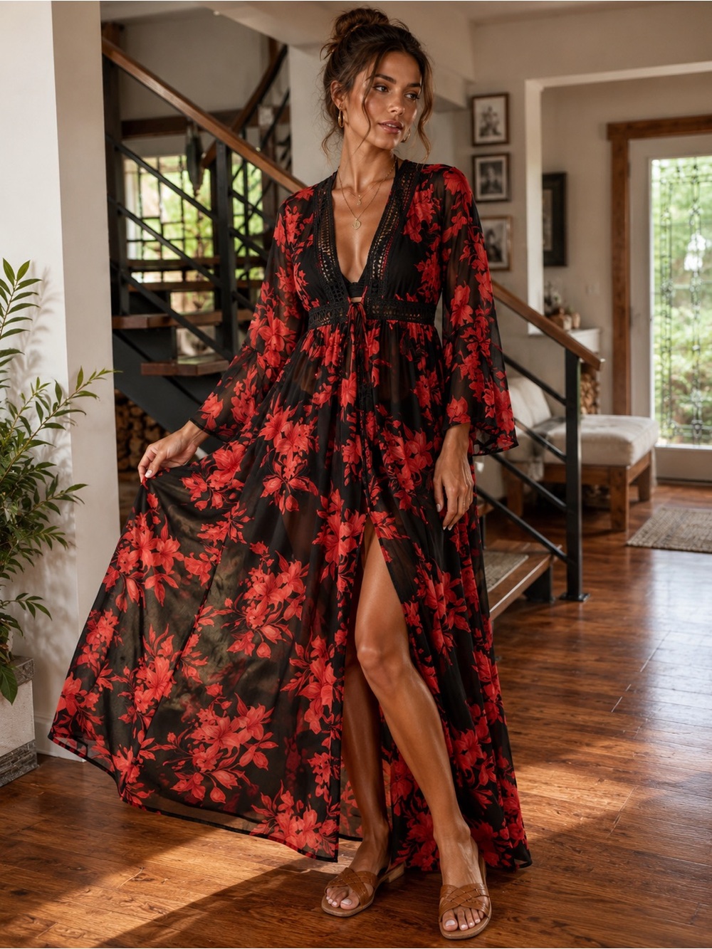 Black Red Floral Bell Sleeve Maxi Throw Boho Romantic Festival